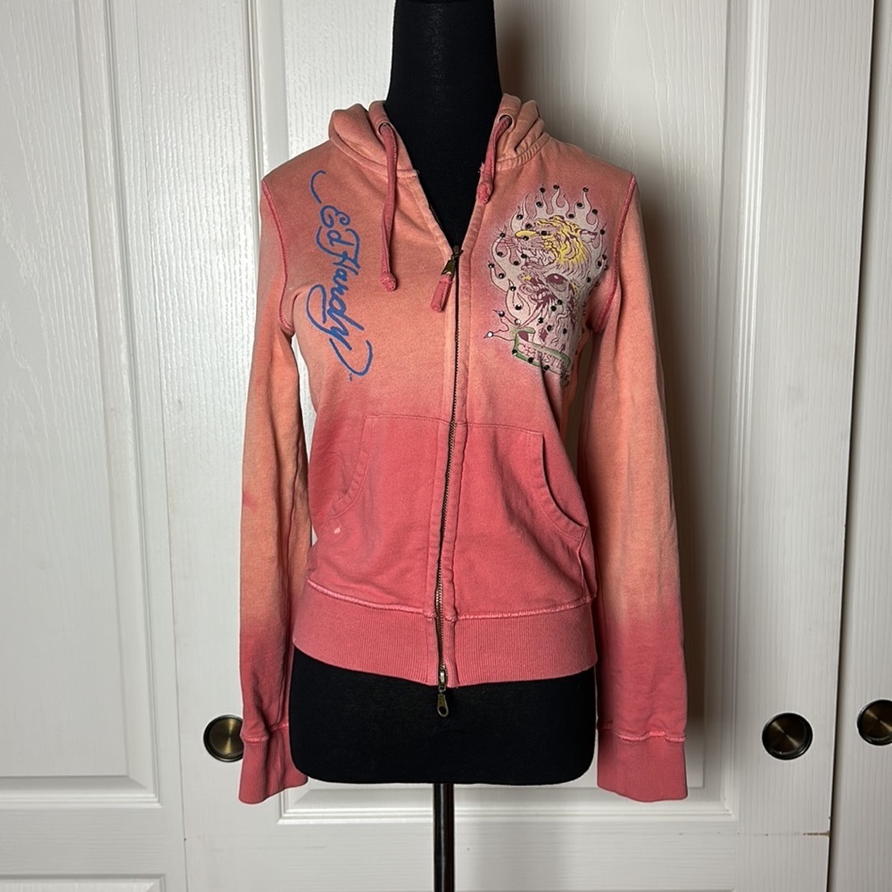 Y2K ED HARDY CHRISTIAN AUDIGIER PINK OMBRE CRYSTAL ZIP UP HOODIE